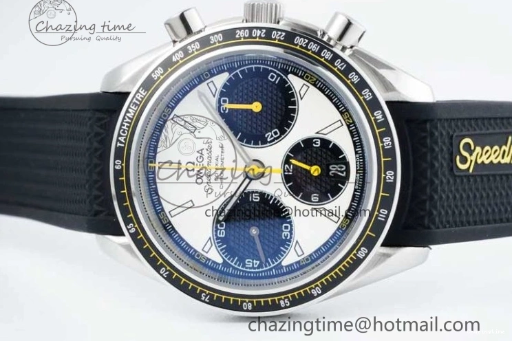 0706 TopPick Speedmaster Racing Master SS HKF Best Edition White Black Dial on Black Rubber Strap A 7813